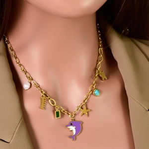 Gold Plated Titanium Steel Pendant Necklace Boho Multi Charm Heart Evil Eye Dolphin Butterfly Retro Jewelry Women