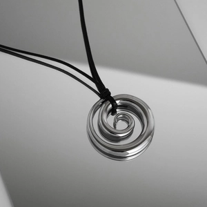 Minimalist 18k silver plated spiral pendant necklace with black cord rope chain