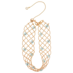 Elegant gold mesh hollow bracelet with light blue crystal beads and adjustable chain