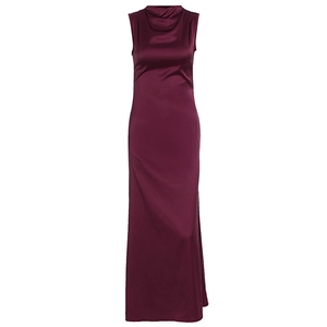 Detailed view of high-neck sleeveless evening dress in glossy deep burgundy satin fabric