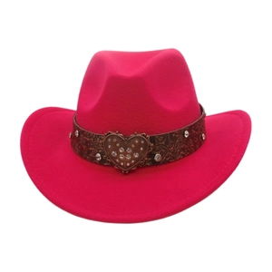 Detail of fuchsia cowboy hat with embossed leather band and rhinestone heart buckle