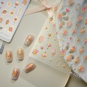 Nail Art Stickers 3D Relief Embossed Gold Border Gemstone Design French Retro Baroque Luxury Manicure Decoration DIY Decals