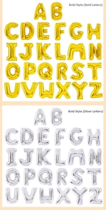 Detail view of full A-Z bold foil letter balloons in metallic gold and silver finishes