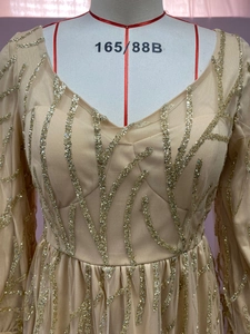Detail eines champagnerfarbenen Abendkleids mit Pailletten, V-Ausschnitt und Rankenstickerei