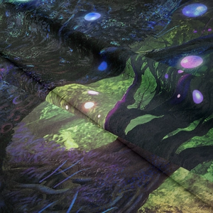 Detailed close-up showing high-density fabric texture and dream forest digital print