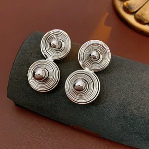 Dettaglio degli orecchini a spirale in metallo argento con perla sferica centrale