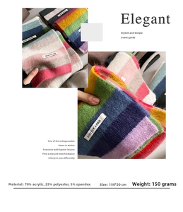 Detailed material composition and size specs of this rainbow striped mohair scarf