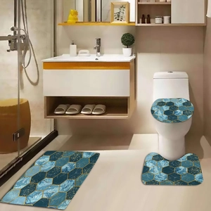 Dettaglio del set da bagno 3 pezzi con motivo esagonale in marmo blu e oro