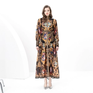 Retro high-neck floral maxi dress with baroque print, lantern sleeves and waist belt