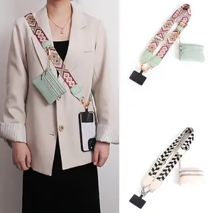 Wide Detachable Shoulder Strap Phone Lanyard Polyester Ethnic Woven With Mini PU Leather Zipper Pouch Crossbody Belt