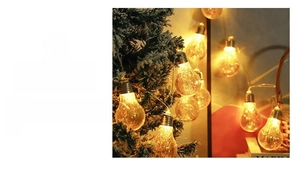 Detail of vintage gold LED string bulbs with warm glowing wire for holiday decor
