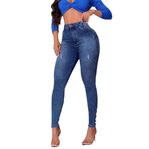 Jean skinny bleu foncé taille haute pour femme avec effet push-up et délavage léger