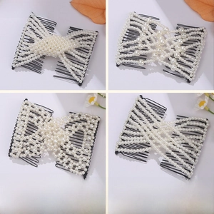 Detail of four handmade pearl magic hair combs with high-gloss ABS beads and black teeth