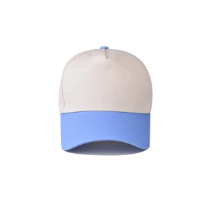Detail of a two-tone baseball cap featuring a beige crown and light blue brim