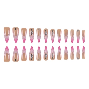 Long stiletto press-on nails with rose pink gradient and sparkling 3D rhinestones