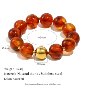 Retro acrylic square beaded bracelet with gold metal beads and natural stone in dark brown