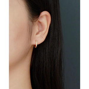 Model wearing gold hoop earrings with small diamonds against a dark background