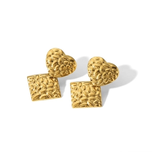18K gold plated stainless steel earrings with square heart design and hammered texture
