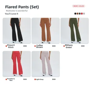 Gros plan du pantalon de yoga évasé taille haute en cinq couleurs dont noir et café