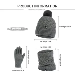 Grey knit winter set with beanie, scarf, and gloves including size measurement details