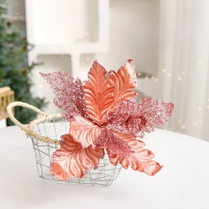 Artificial Christmas Poinsettia Flowers Glitter Velvet Fabric Hollow Out Shiny Xmas Tree Ornaments Home Party Decoration Elegant