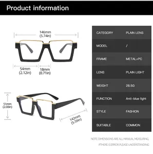 Detailed size chart for square frame anti-blue light glasses with metal and PC materials