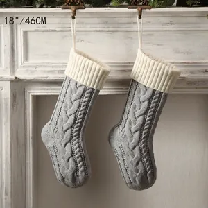 Set of two 18 inch large grey and white knitted Christmas stockings for festive home decor