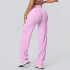Detail view of high waist flared yoga pants in soft pink with double-sided brushed fabric