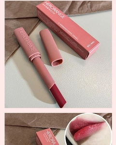 Detailed view of matte lipstick tube and packaging with professional lip swatch