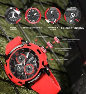 Détails de la montre de sport MEGIR pour hommes avec bracelet en silicone rouge et chronographe
