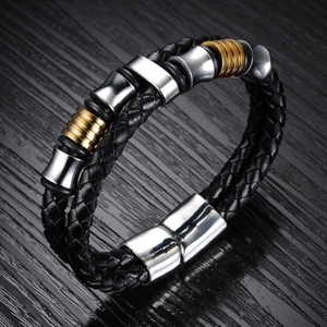 Men's gold and silver two-tone braided leather bracelet with magnetic metal clasp