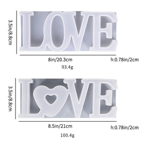 Detailed view of translucent silicone LOVE heart molds for DIY resin crafts and gypsum