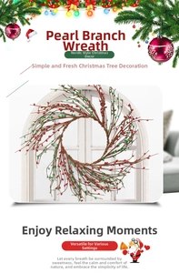 Detail of Christmas wreath with red and green berries on rustic natural twigs