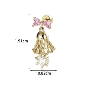 Pink heart bow bell pendant stud earring with gold finish and 1.91cm length