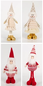 Detailed view of plush Santa and Snowman holiday figurines in beige and festive red colors