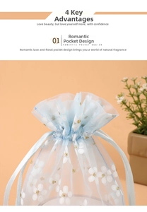 Detail of floral organza drawstring pouch with delicate gold sequins and ruffle edge
