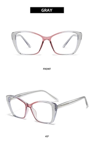 Front and 45 degree views of grey gradient cat eye glasses with silver glitter accents