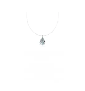 Macro shot of pear-shaped moissanite pendant on a transparent invisible fishing line chain