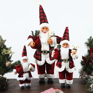 Standing Santa Claus Doll Figurine Red Black Plaid Fabric Christmas Decoration For Window Home Holiday Party Ornament