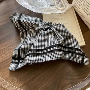 French vintage gingham square scarf hair tie with elegant black ribbon trim decoration