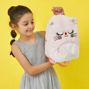 Pink plush cartoon cat backpack for girls with glitter ears and embroidery detail