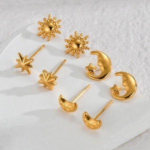 Stainless Steel Star Moon Sun Stud Earrings For Women Vintage Gold Celestial Ear Studs Elegant Jewelry Accessory Gift