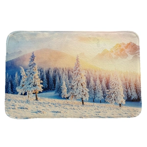Winter snowy forest flannel bath mat with soft absorbent surface and rounded corners