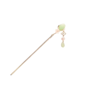 Elegant gold hair pin with jade petals, pearls, and tassels in traditional Chinese style