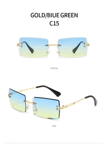 Detail view of rimless square sunglasses with gold metal temples and blue-green gradient lenses