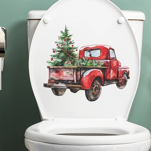 Christmas red truck and green tree toilet lid decorative sticker in a modern bathroom
