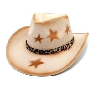 Vintage beige western cowboy hat with star prints and leopard pattern belt