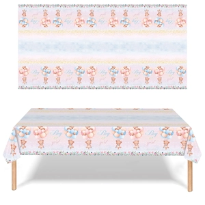 Teddy bear gender reveal tablecloth with pink and blue boy or girl balloon patterns