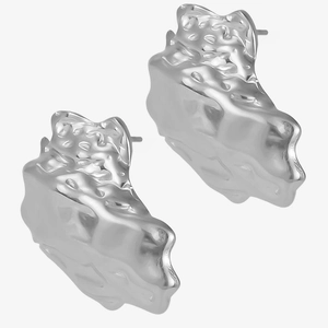 Detailed view of silver stainless steel earrings with unique irregular wavy texture