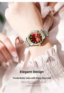 Close-up of ORUSS vintage lady watch with burgundy gradient dial and bicolor steel band